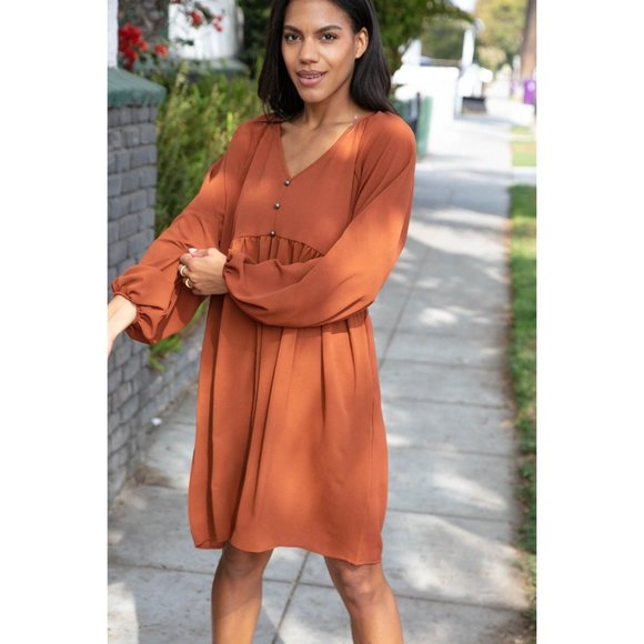 Rust Crepe V Neck Raglan Babydoll Dress - Picture 3 of 12
